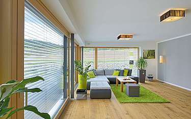 Helles Wohnzimmer mit Ecksofa, grünem Teppich, großen Fenstern und Pflanzen.